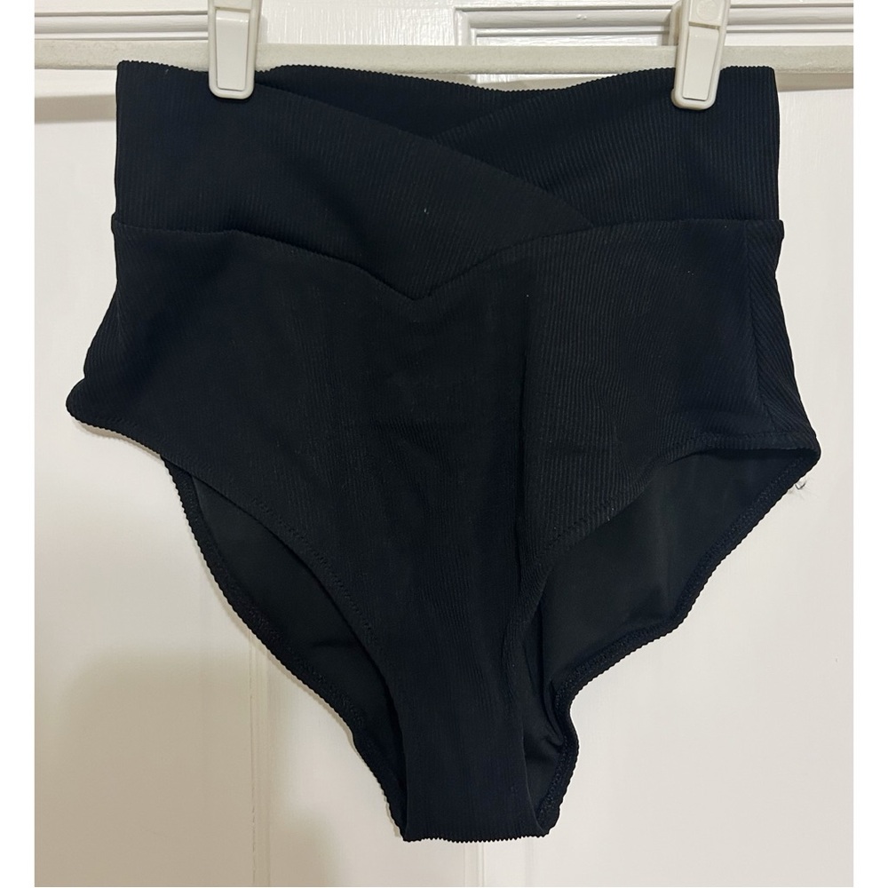 aerie High-Waist Black Ribbed Bikini Bottoms full coverage
